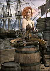 Naklejka premium Adorable red headed pirate female taking a break on the docks after a long adventure at sea. 3d rendering