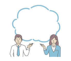 Vector illustration of a young businessman and businesswoman introducing or navigating with speech bubble.