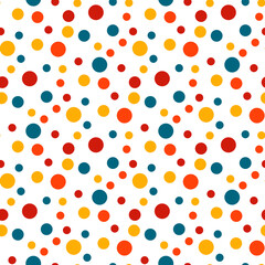 Vector seamless pattern with color dots. Autumn colors background: red, orange, yellow, blue and white colors. Colorful circles on white background. - 427236926