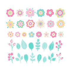 Vector floral set in flat style. Flowers, leaves, branches and berries. Cute pastel colors: pink, yellow, green, gray, beige. Isolated elements on white background. Childish decor for your design.