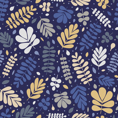 Vector seamless pattern with color leaves. Illustration in flat style. On dark background for textile, clothing, gift wrap and scrapbooking. Blue, gray, light yellow colors. - 427237129