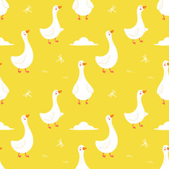 Seamless pattern of cute geese on a yellow background. Cartoon vector illustration.