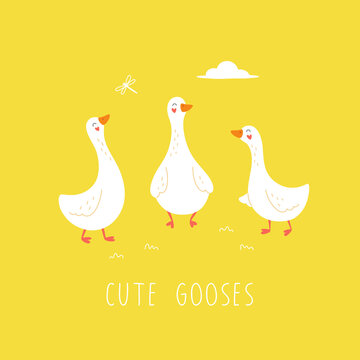 Cute geese on a yellow background. Cartoon vector illustration.