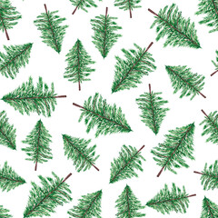 Naklejka na ściany i meble Christmas trees on a white background. Fir green, fluffy spruce. Nature. Ecology. Evergreen trees. Watercolor illustration. Winter Christmas holidays. For packaging design, printing on fabric.