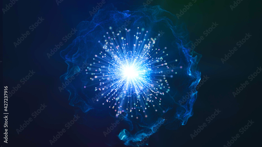Poster particle explosion. big data vizualization. 3d rendering.