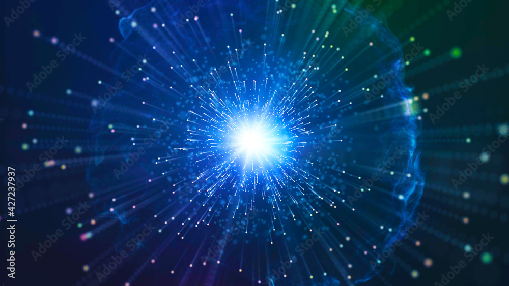 Poster particle explosion. big data vizualization. 3d rendering.