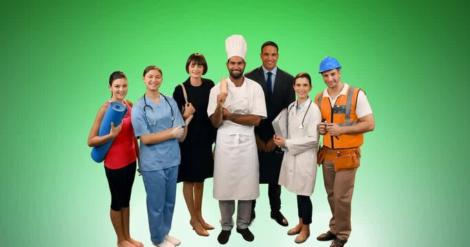 Animation of group of professionals smiling over green background