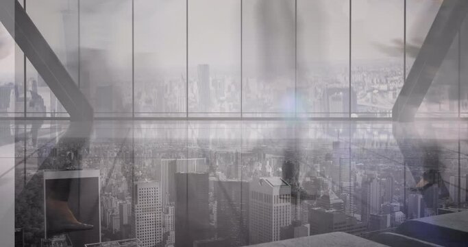 Animation of business people walking in fast pace over cityscape
