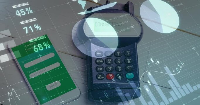 Animation of financial data processing over payment terminal and smartphone - Powered by Adobe