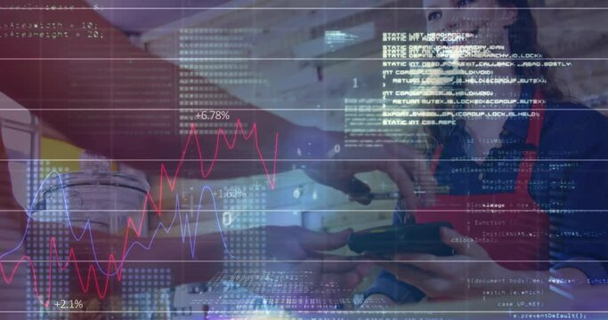 Animation of financial data processing over client in shop paying using phone with payment terminal