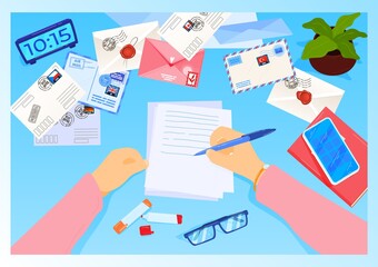Writer desk, personal workplace, blue glasses view, letters send, hand piss letter paper, design, flat style vector illustration.