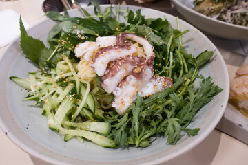 Octopus Soy Sauce Noodles, with green vegetable.