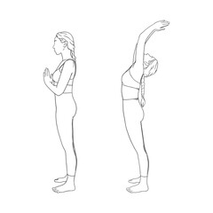 Sun salutating zen yogi woman. Hatha yoga back bend pose. Engraved vector illustration in white background