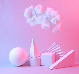 Modern abstract composition of geometric shapes and floating fluffy cloud in blue pink neon gradient light. Creative idea. Concept art. Minimalism. Surrealism