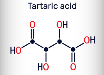 Tartaric acid molecule. It is antioxidant E334, occurs in grapes, bananas, tamarinds, citrus. Skeletal chemical formula