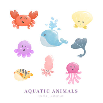 Watercolor aquatic animals set. Crab, Whale, Squid, Puffer fish, Shellfish, Jellyfish, Stingray. Digital paint. Vector illustration.