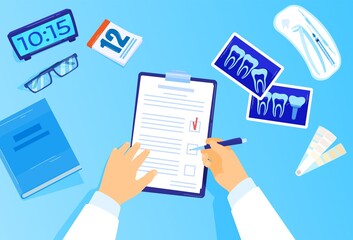 Doctor dentist makes clipboard entries, diagnosis data entered into patient form information, cartoon style, vector illustration.