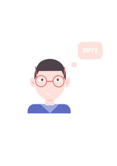 Young brunet guy smiles and apologizes. Sorry. The guy in the blue jumper. Technical support apologizes for the slow solution to the problem. An awkward apology. Guy icon. Vector illustration. Isolate