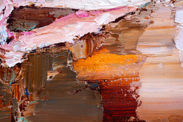 Embossed pasty oil paints and reliefs. Primary colors: brown, white, pink, orange. Abstract art....