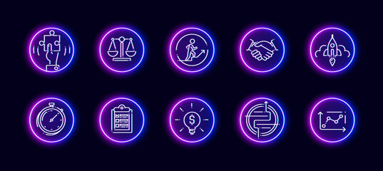 10 in 1 vector icons set related to solution theme. Lineart vector icons in neon glow style