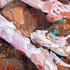 .Embossed pasty oil paints and reliefs. Primary colors: brown, blue, white, pink, orange. Abstract art. Mix of paints.