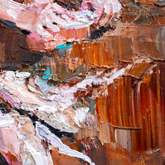 .Embossed pasty oil paints and reliefs. Primary colors: brown, blue, white, pink, orange. Abstract art. Mix of paints.