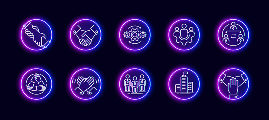 Fototapeta na wymiar 10 in 1 vector icons set related to team building and co working theme. Lineart vector icons in neon glow style
