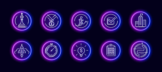 10 in 1 vector icons set related to career evolution theme. Lineart vector icons in neon glow style