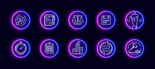 10 in 1 vector icons set related to comparison theme. Lineart vector icons in neon glow style