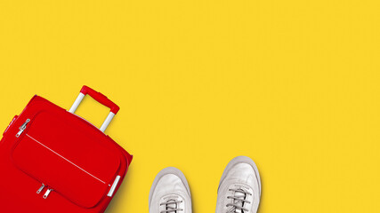 Travel banner, summer holidays, vacation concept, tourism: red suitcase, white shoes, baggage, luggage, bag, gumshoes on yellow background top view, frame, border, mockup, template, text copy space
