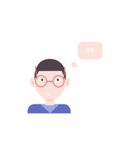 
The young brunet guy smiles and says goodbye. Goodbye. The guy in the blue jumper. Boyfriend and frame icon. See you. Guy icon. Vector illustration. Isolated.