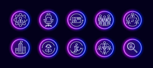 Obraz na płótnie Canvas 10 in 1 vector icons set related to human resources theme. Lineart vector icons in neon glow style