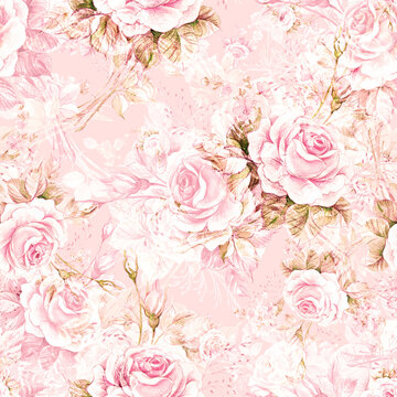  Watercolor seamless pattern roses in bud