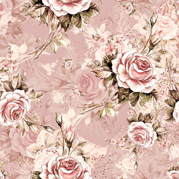 Watercolor seamless pattern roses in bud