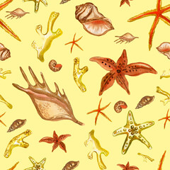 seamless pattern of stars and seashells on yellow background