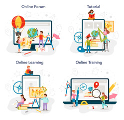 Geography class online service or platform set. Studying the lands, features