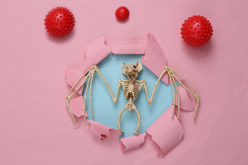 Bat skeleton through a torn hole on a blue-pink pastel background with virus strain models. Virology