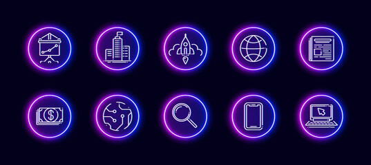 Fototapeta na wymiar 10 in 1 vector icons set related to hardware development theme. Lineart vector icons in neon glow style