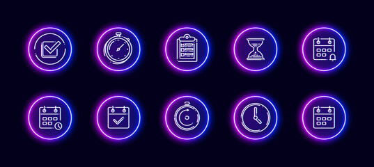 Fototapeta na wymiar 10 in 1 vector icons set related to time management theme. Lineart vector icons in neon glow style