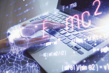 Double exposure of woman hands typing on computer and formula hologram drawing. Education concept.