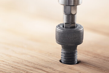 hex bolt screw hex bit  in wooden oaks plate. Spanner, bolt, screw and nuts.
