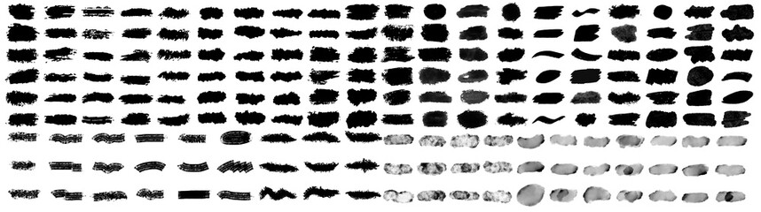 Big set of brush paint strokes. Texture brushes and modern grunge brush lines. Ink brush artistic design element. Vector isolated elements set on Transparent background.