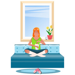 The character is eating dessert on the couch. House, furniture. The concept of spending time at home alone on weekends, on vacation, in quarantine. White background.