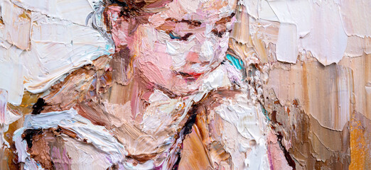 Fragment of oil painting, palette knife technique and brush.  Young girl, ballerina in the white tutu, tying pointe shoes. Background created with expressive strokes in bright colors.