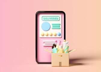 Minimal background for online shopping and digital marketing concept. Mobile phone with feedback interface on pink background. 3d rendering illustration. Clipping path of each element included.