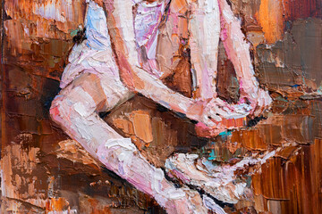 Fragment of oil painting, palette knife technique and brush.  Young girl, ballerina in the white tutu, tying pointe shoes. Background created with expressive strokes in bright colors.
