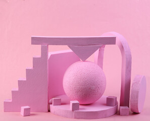Scene with geometric shapes. Pink background. Pastel color trend. Minimalism. Creative composition, still life