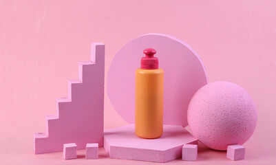 Scene with geometric shapes and geometric shapes. Pink background. Pastel color trend. Minimalism. Creative composition, still life