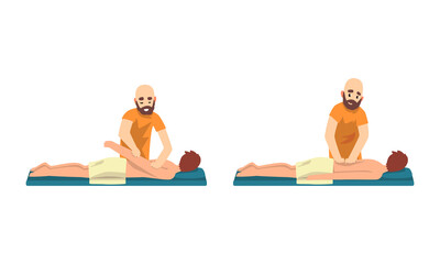 Male Professional Masseur Massaging Patient Lying on Bed Set, Beauty Salon Procedure, Spa Treatment, Chiropractic Massage, Rehabilitation Vector Illustration