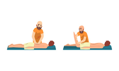 Professional Masseur Massaging Patients Set, Beauty Salon Procedure, Spa Treatment, Rehabilitation Vector Illustration